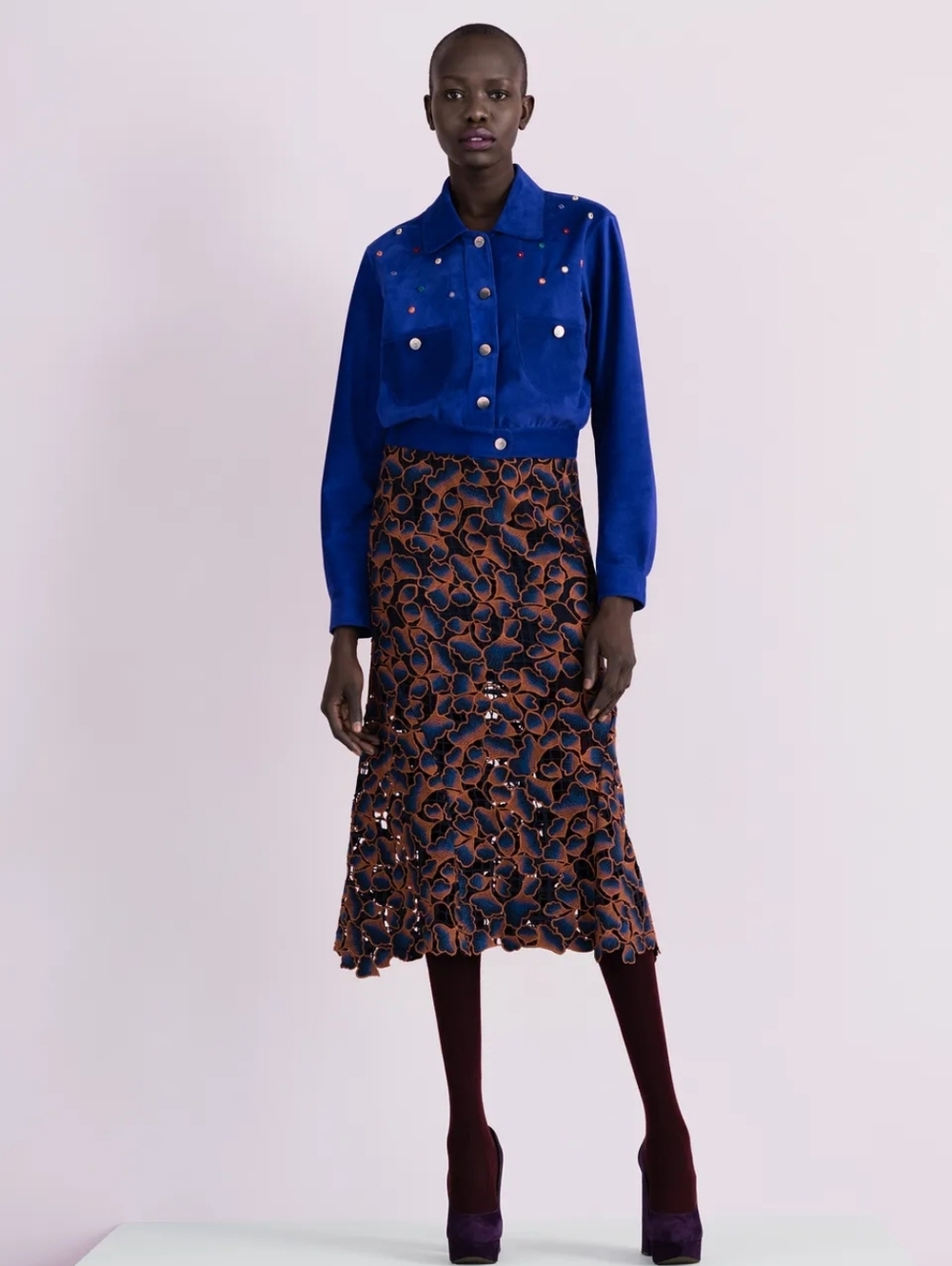 Saloni Runway Style Bibi Embroidered Guipure Lace Midi Skirt